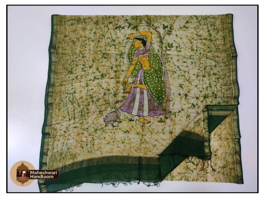 Maheshwari Green Colour Handwoven Indonesian Batik Handpainted Sarees
